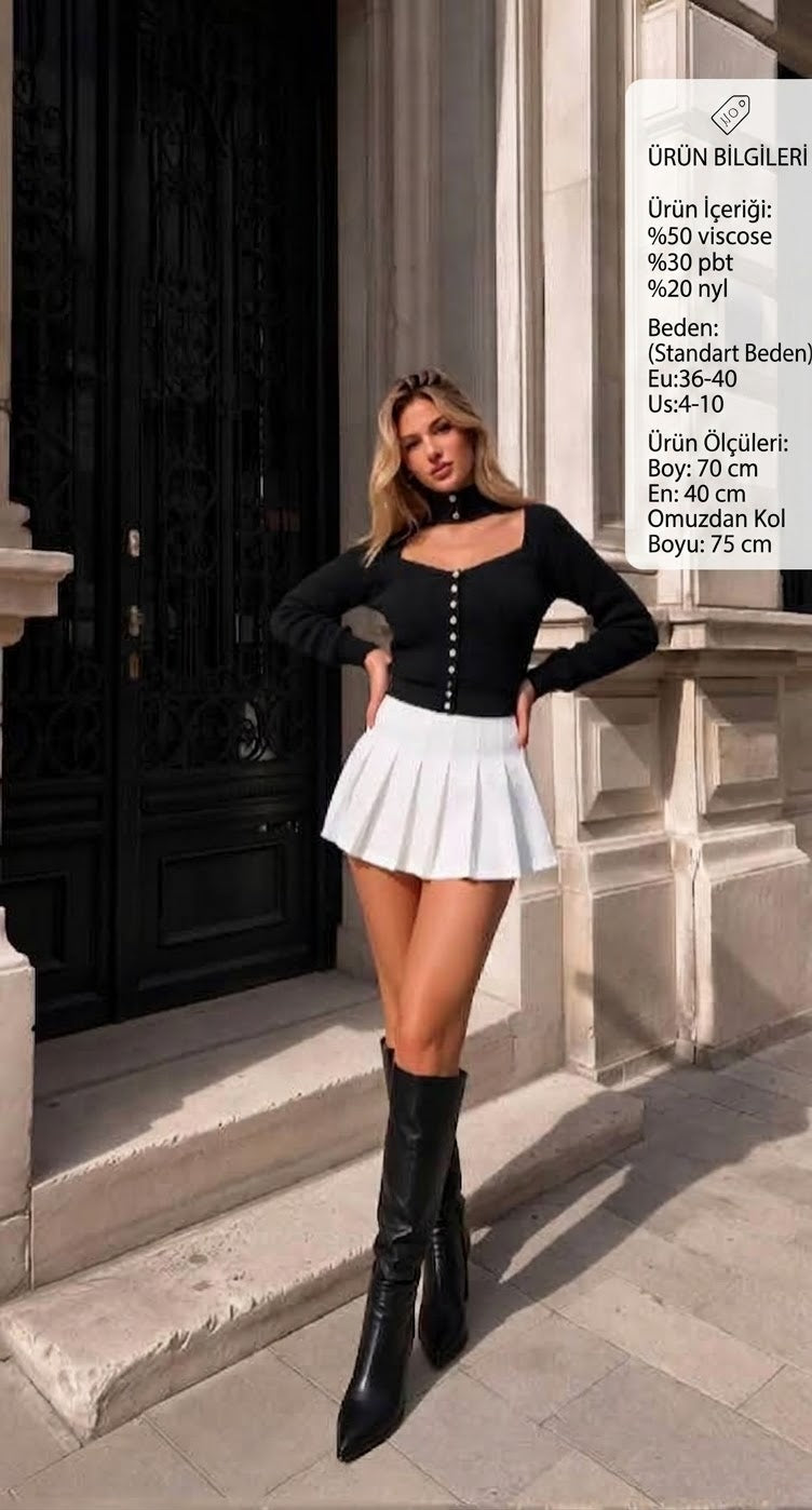 Cardigan/Pulover tricotat cu nasturi tip perlă și decupaj la piept - Negru