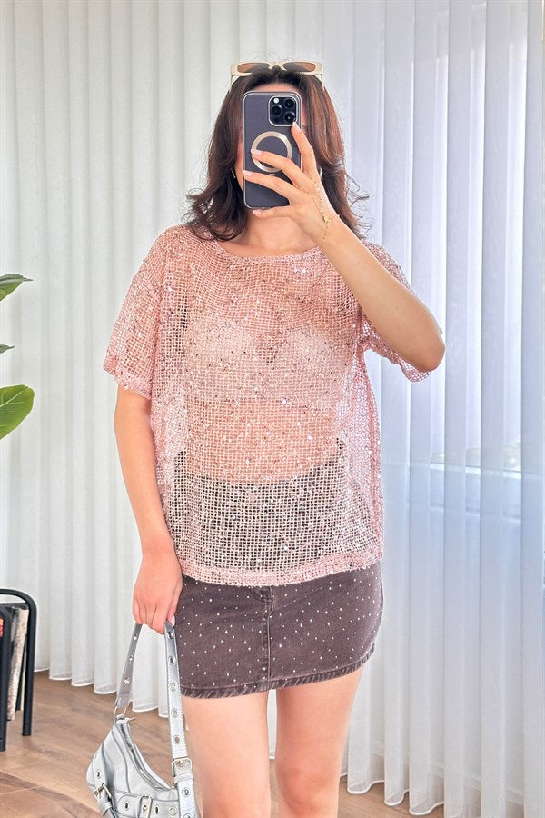 Bluza de Toptan Roz cu Paiete Stralucitoare