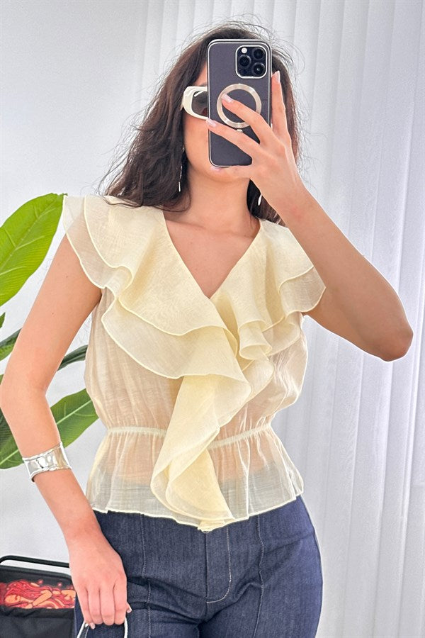 Fırfırlı Beli Lastikli Toptan Sarı Bluz