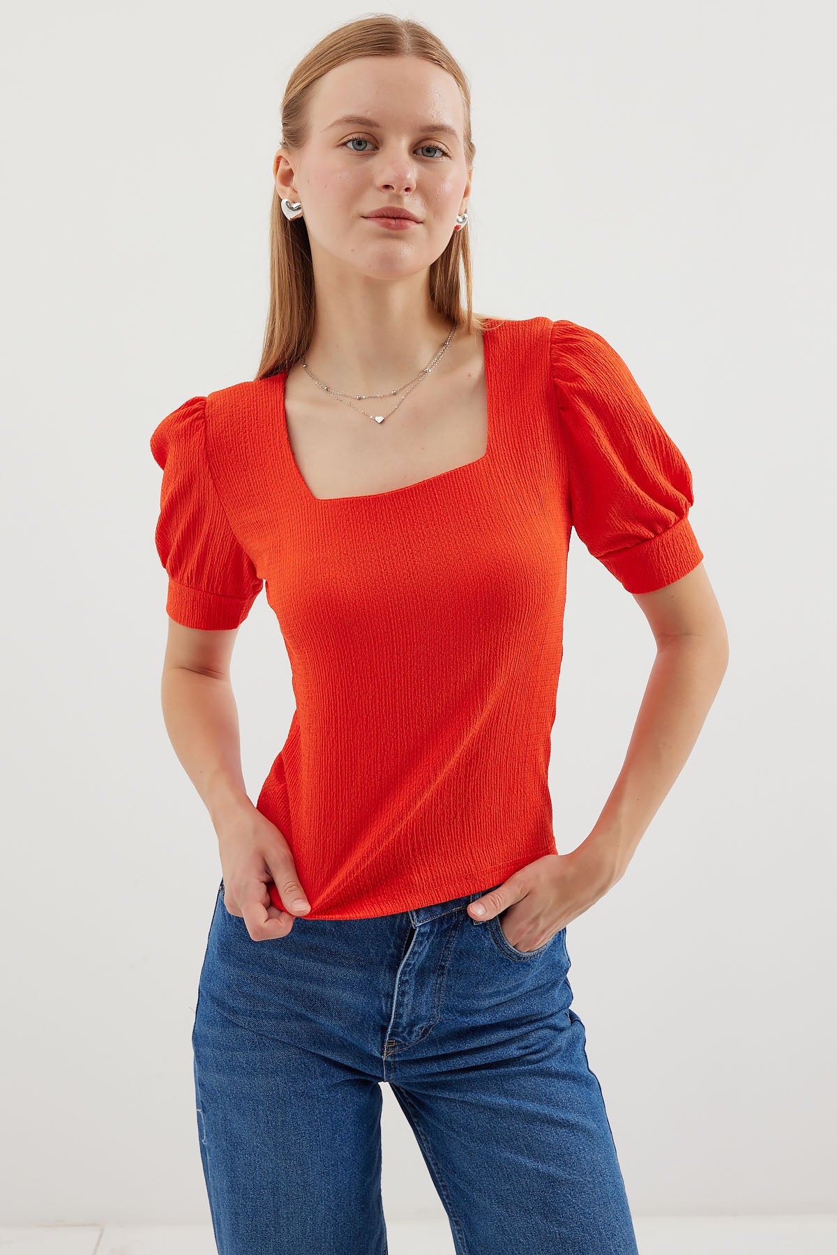 0409 Bluză Tricot cu Guler Pătrat - Oranj
