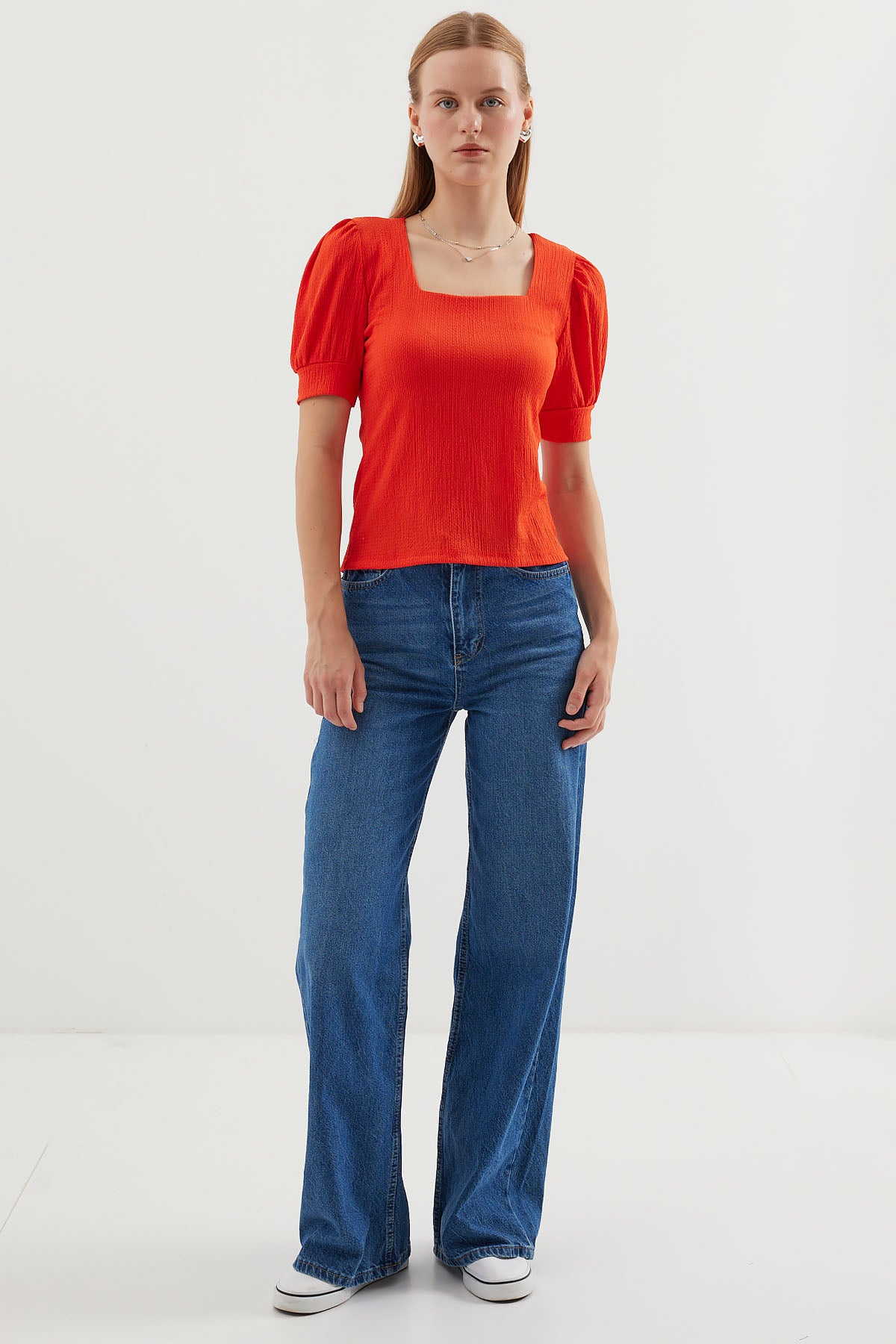 0409 Bluză Tricot cu Guler Pătrat - Oranj