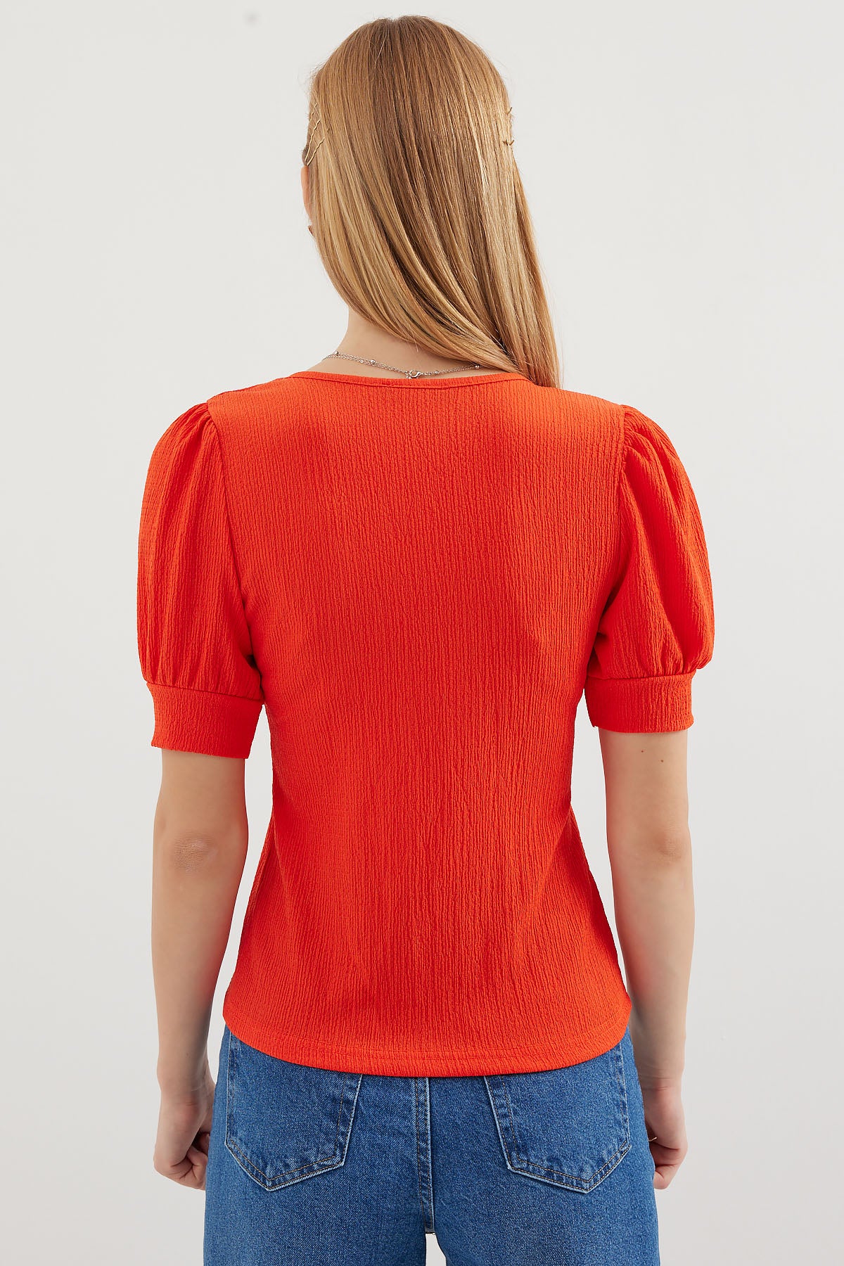 0409 Bluză Tricot cu Guler Pătrat - Oranj
