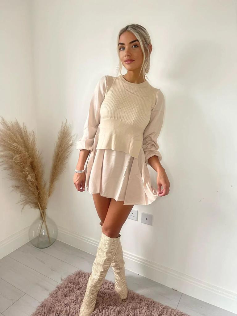 Knit Detail Dress - Beige