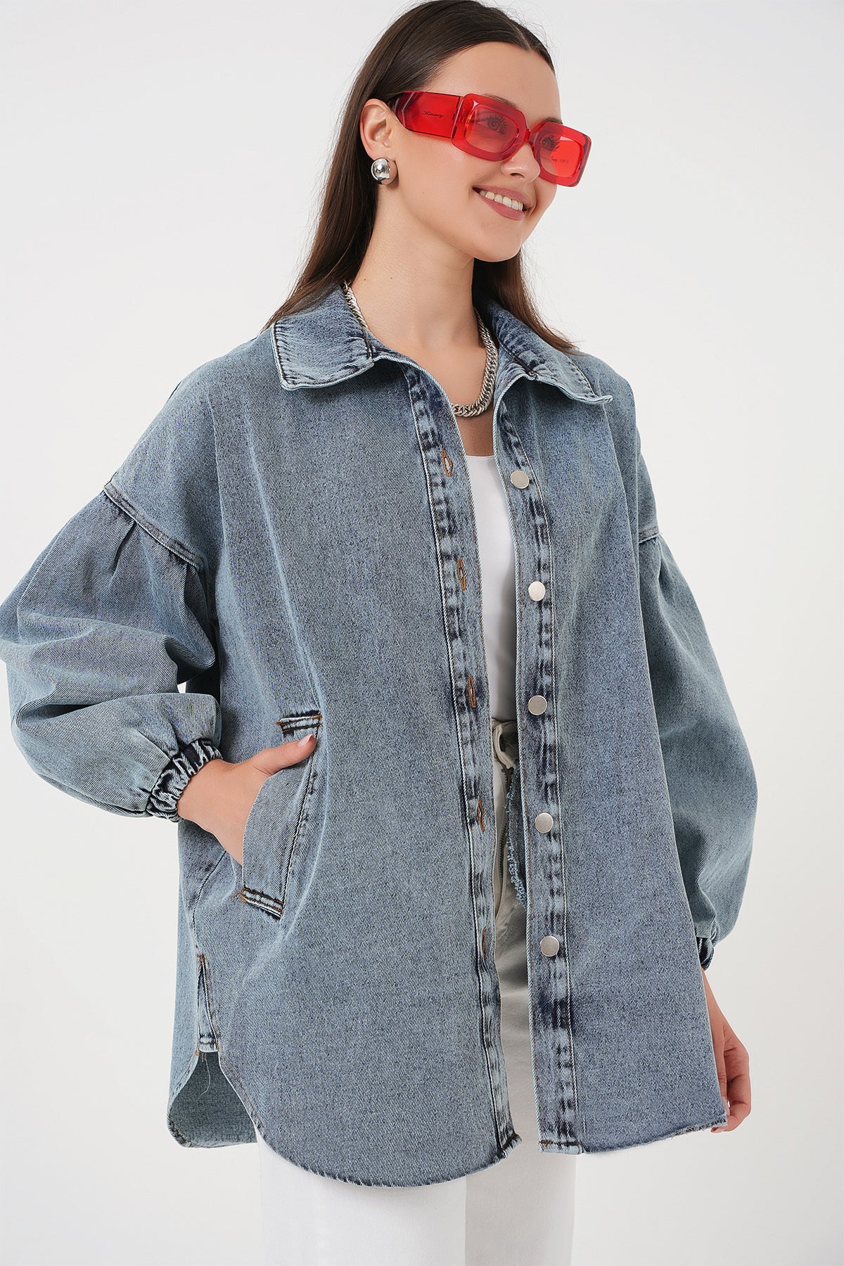 0662 Denim Balon Kollu Kot Ceket - Mavi