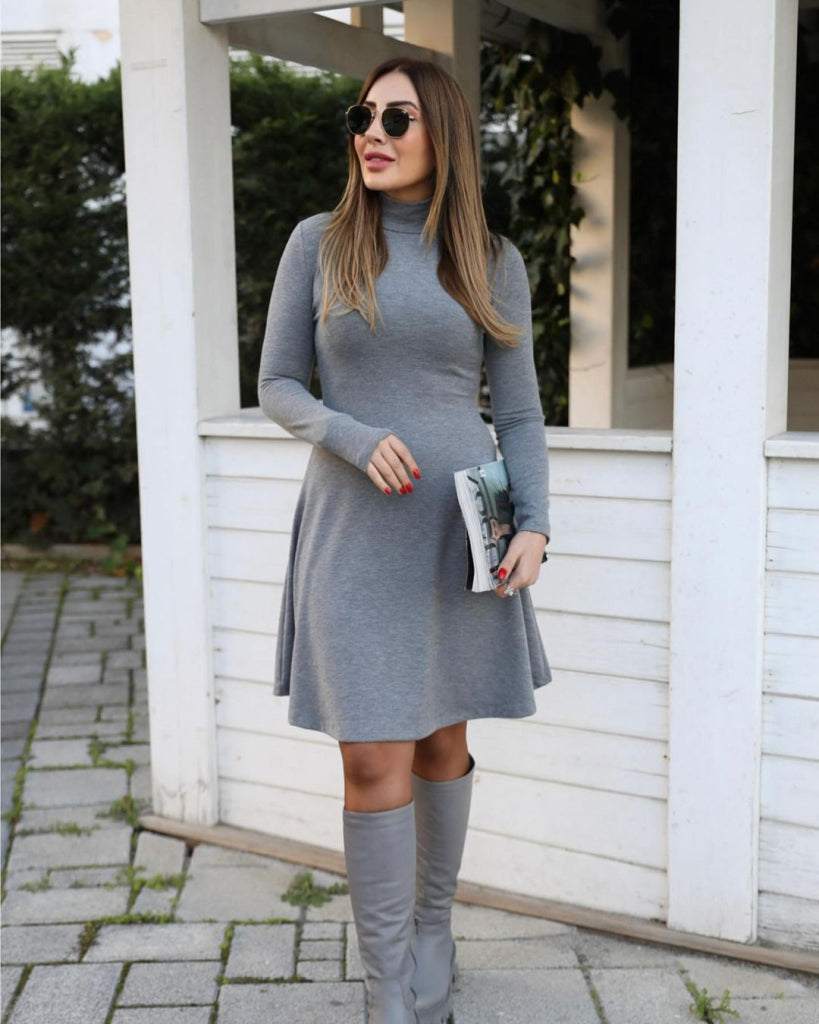 Rochie lejeră, scurtă, din acril, cu guler înalt, mânecă lungă, pentru femei, 28491
