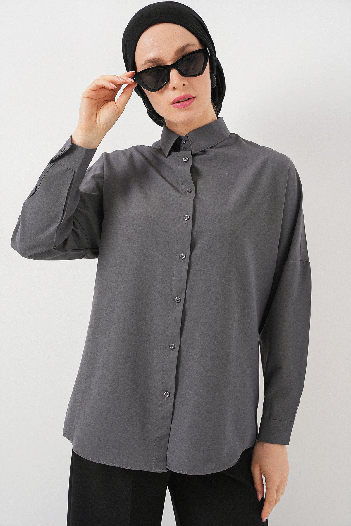 103901 Oversize Basic Tesettür Gömlek - Gri