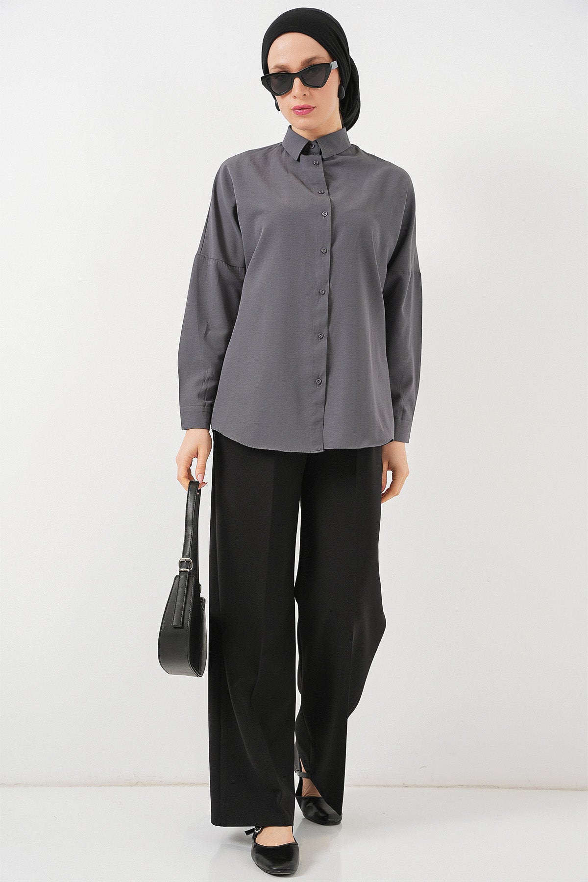 103901 Oversize Basic Tesettür Gömlek - Gri
