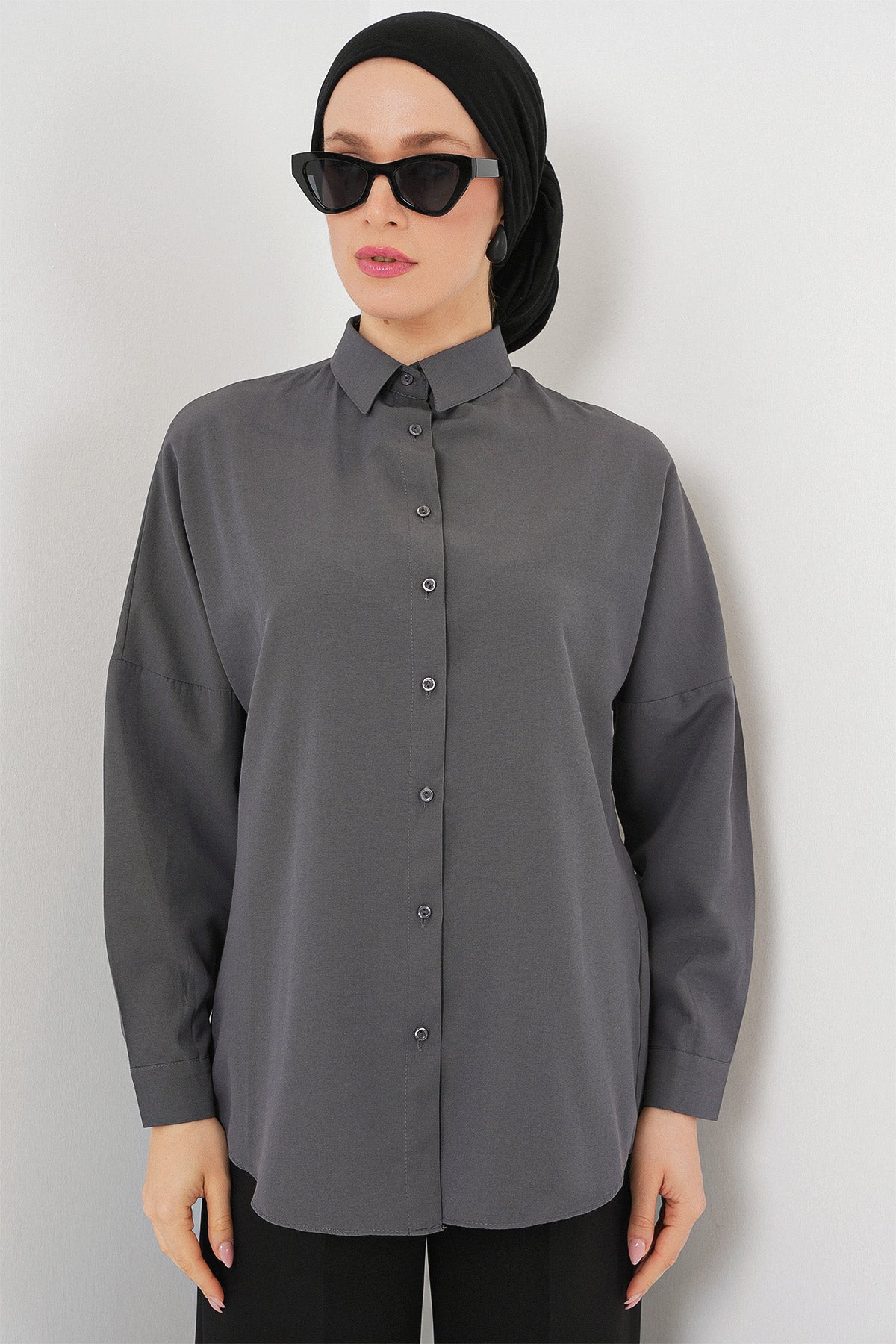 103901 Oversize Basic Tesettür Gömlek - Gri