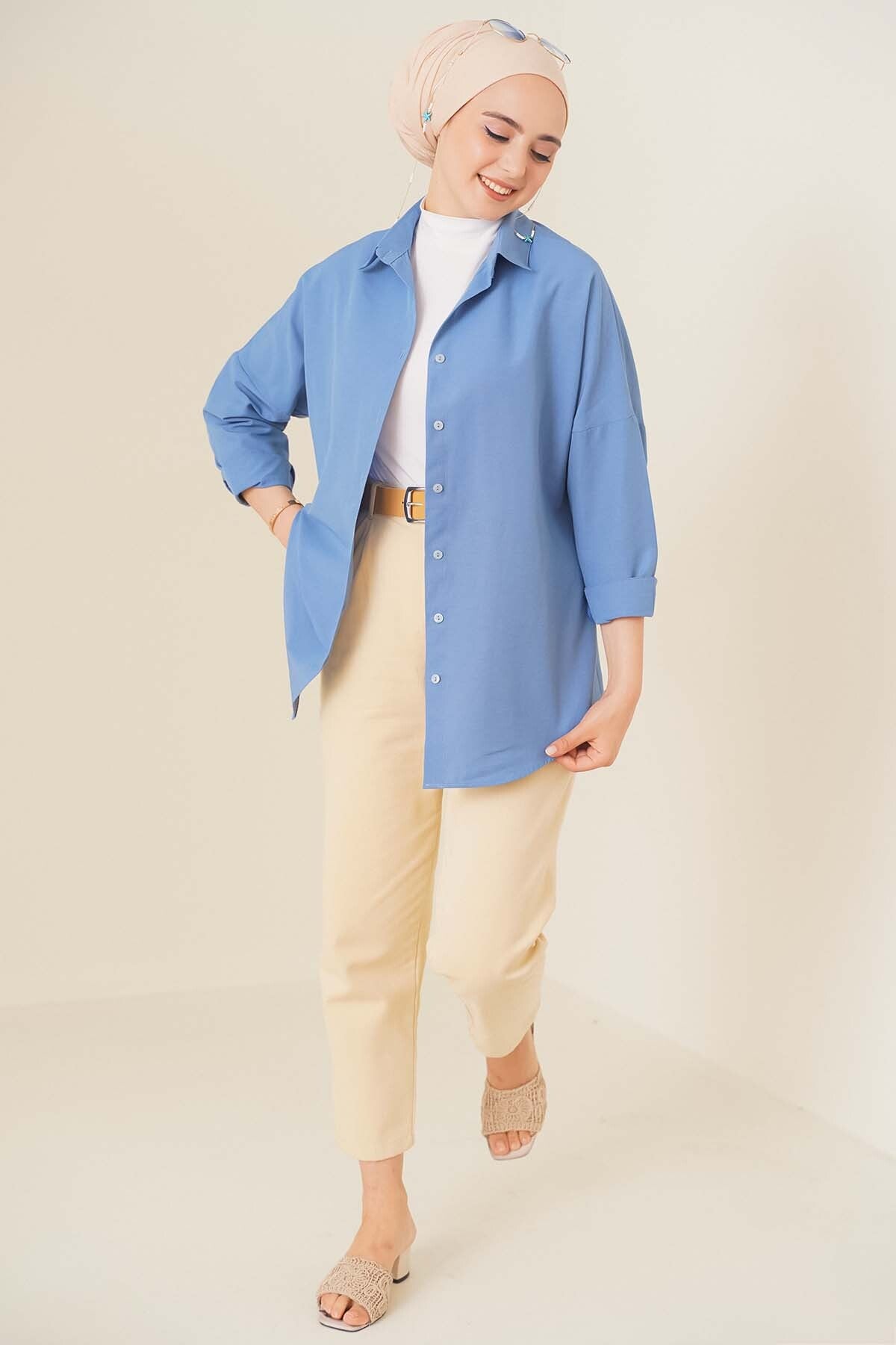 103901 Oversize Basic Tesettür Gömlek - İndigo