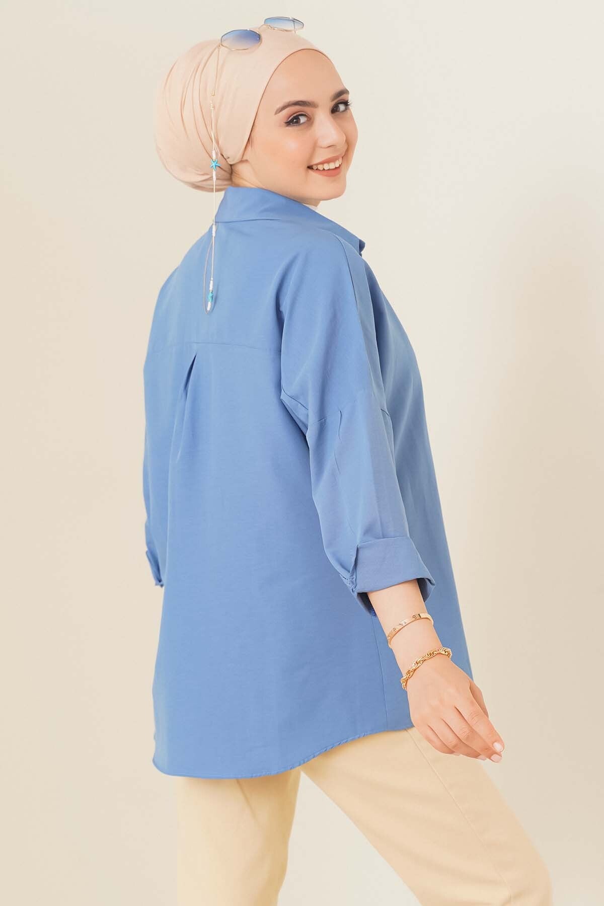 103901 Oversize Basic Tesettür Gömlek - İndigo