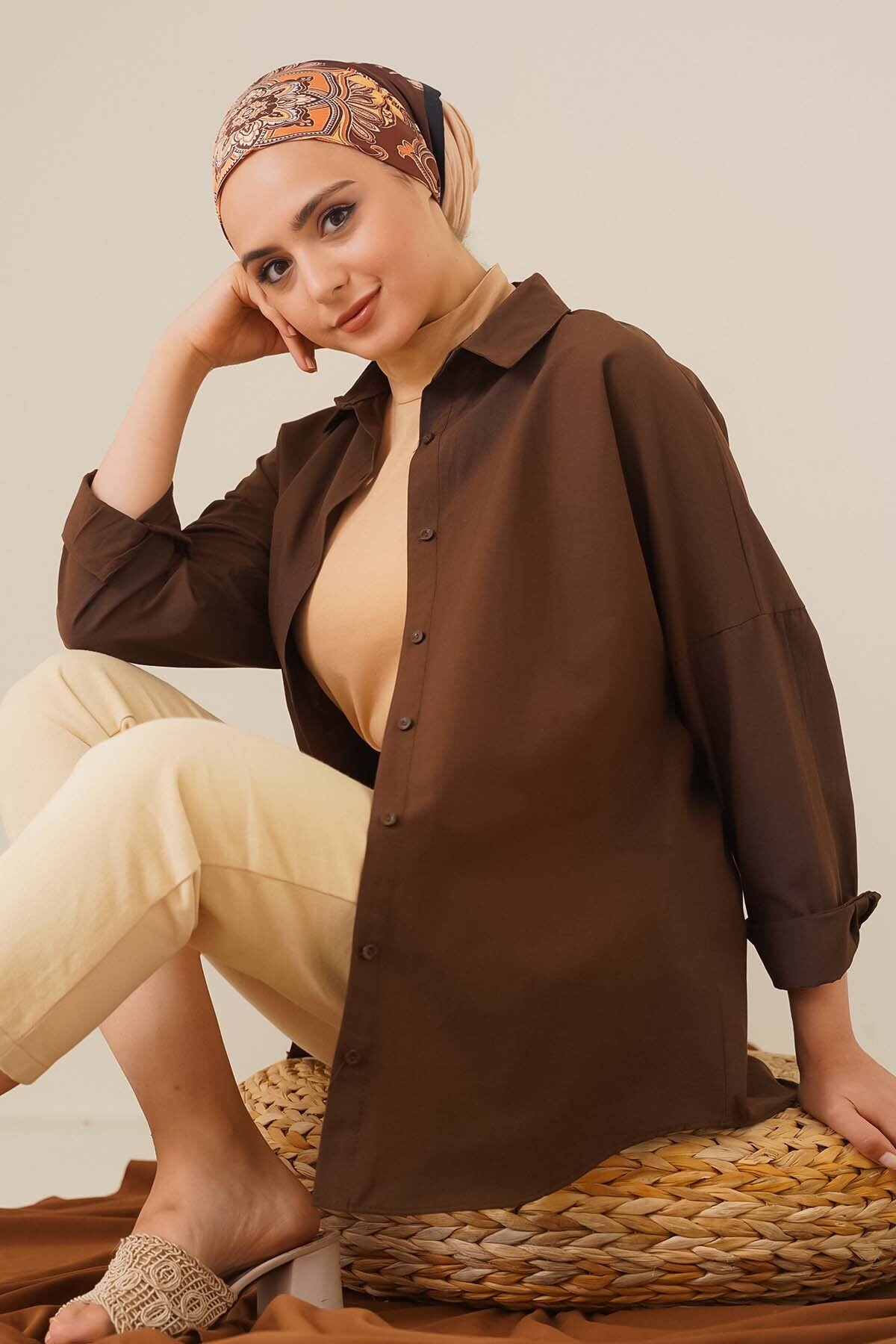 103901 Cămașă Basic Tesettür Oversize - Maro