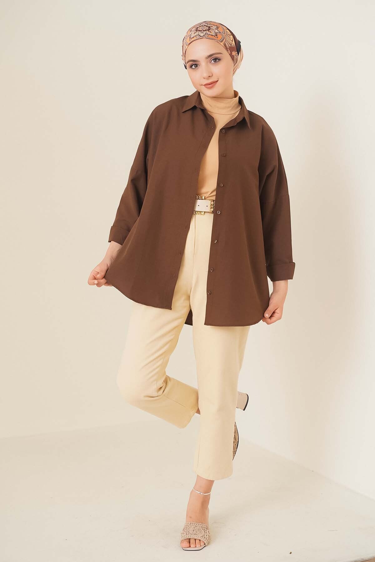 103901 Cămașă Basic Tesettür Oversize - Maro