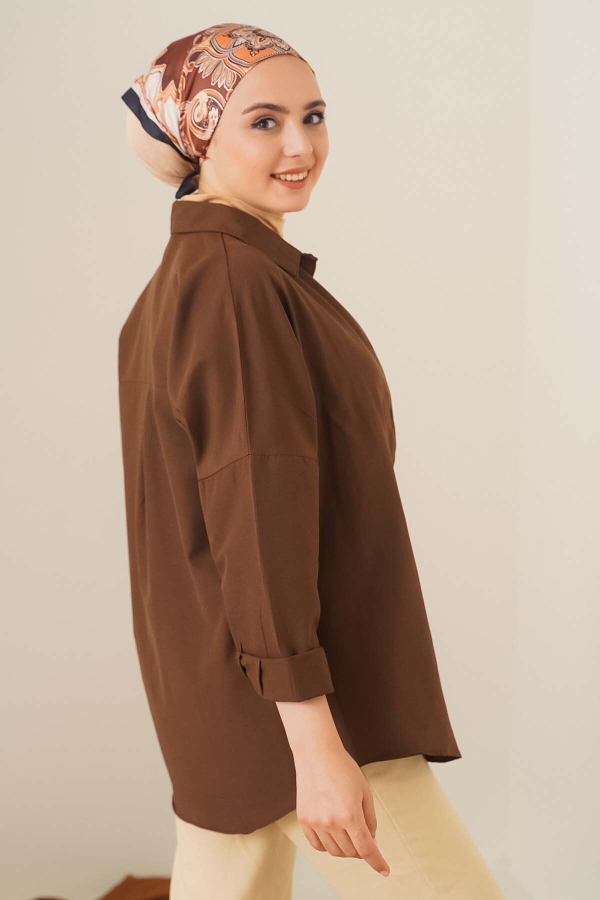 103901 Cămașă Basic Tesettür Oversize - Maro