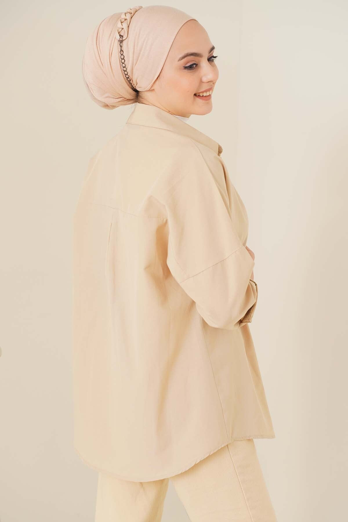 103901 Oversize Basic Tesettür Gömlek - Krem