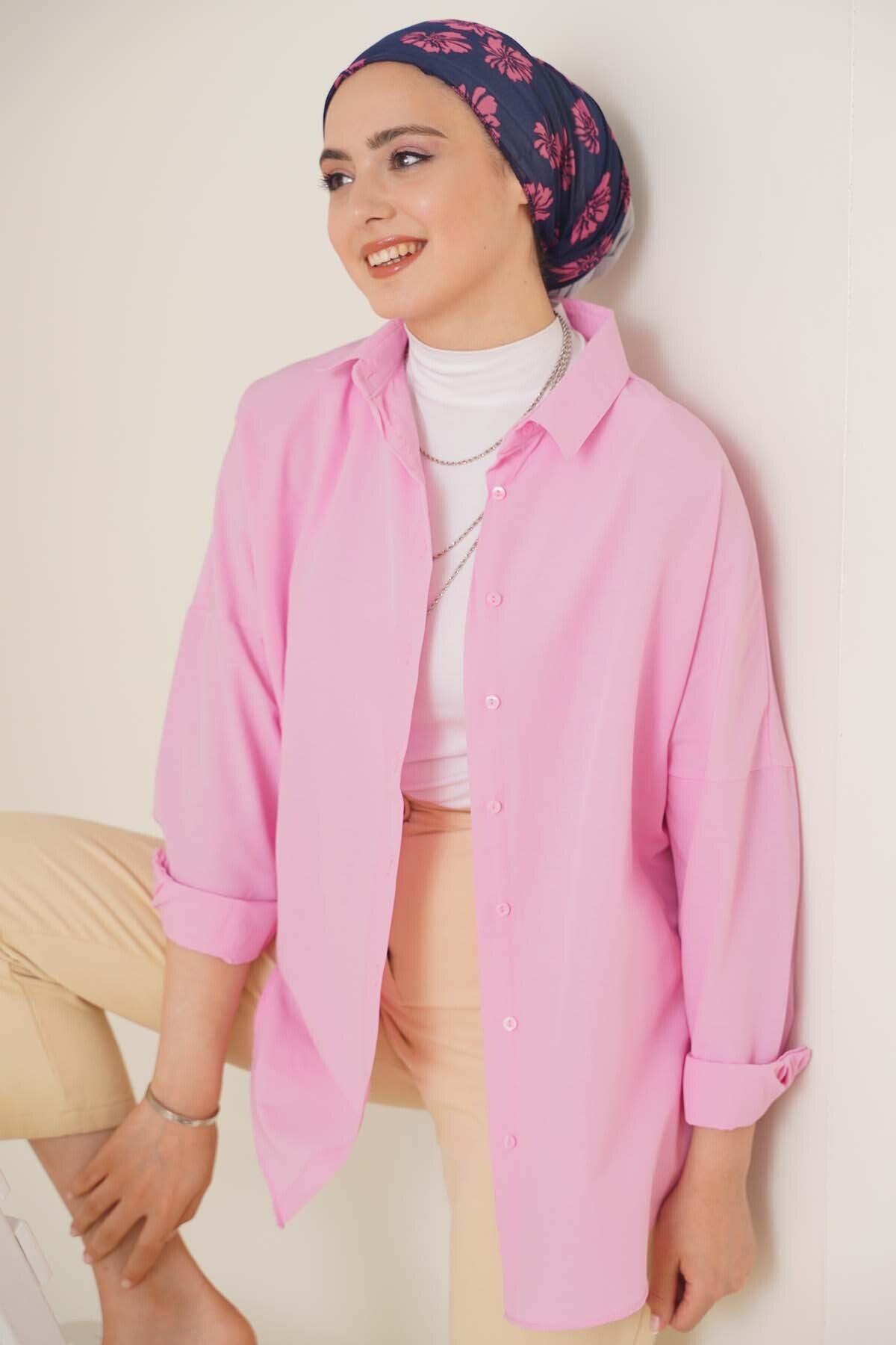 103901 Oversize Basic Hijab Shirt - Pink