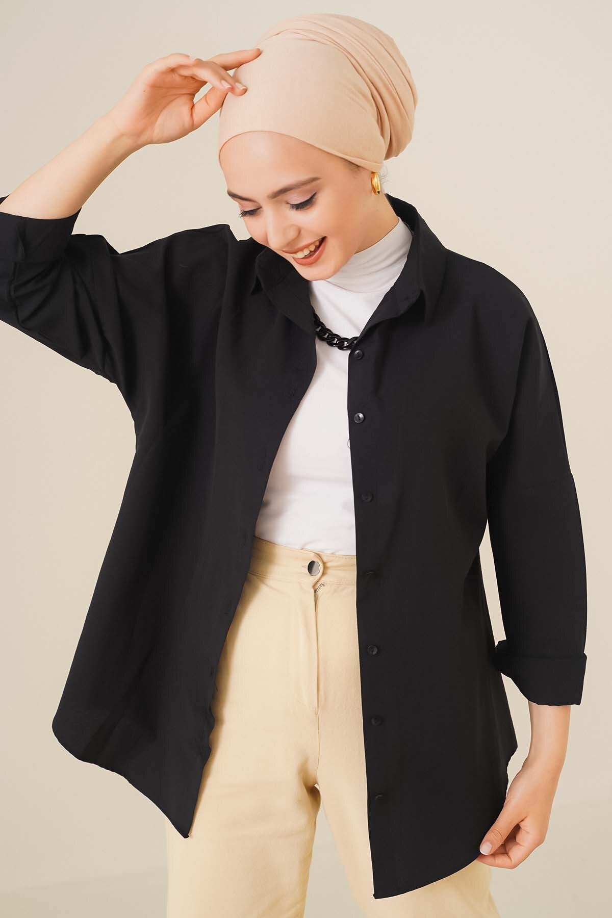 103901 Cămașă Basic Tesettür Oversize - Negru