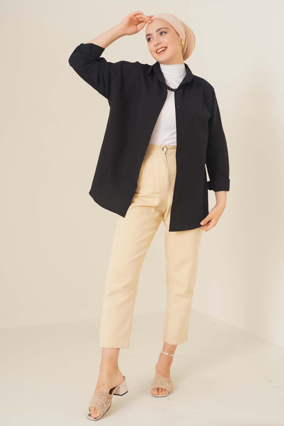 103901 Cămașă Basic Tesettür Oversize - Negru