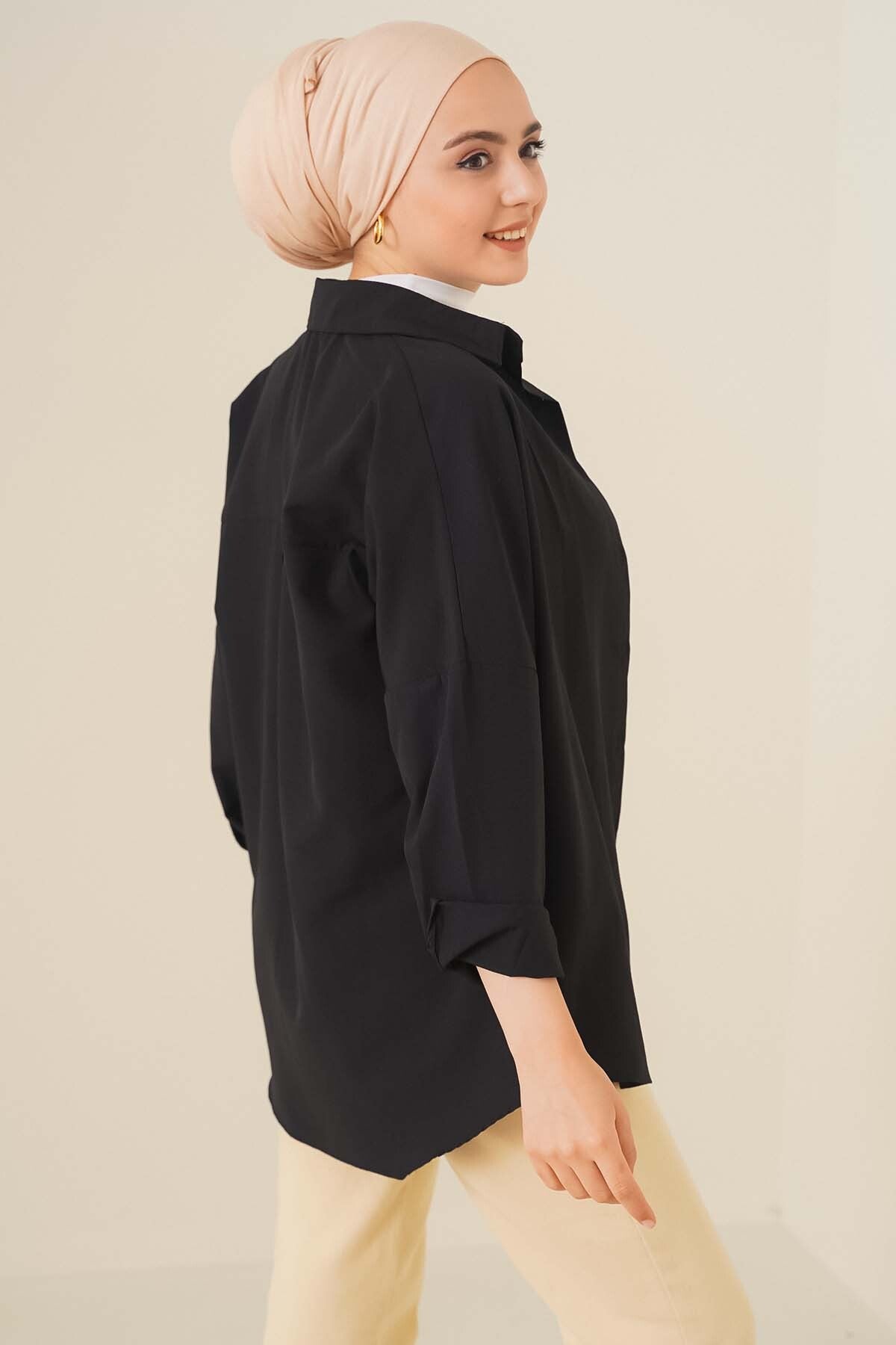 103901 Cămașă Basic Tesettür Oversize - Negru