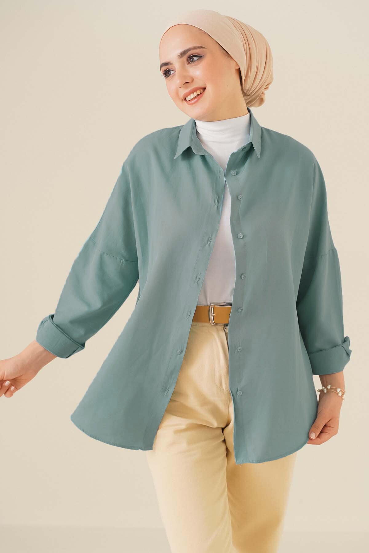 103901 Cămașă Basic Tesettür Oversize - Albastru Apă
