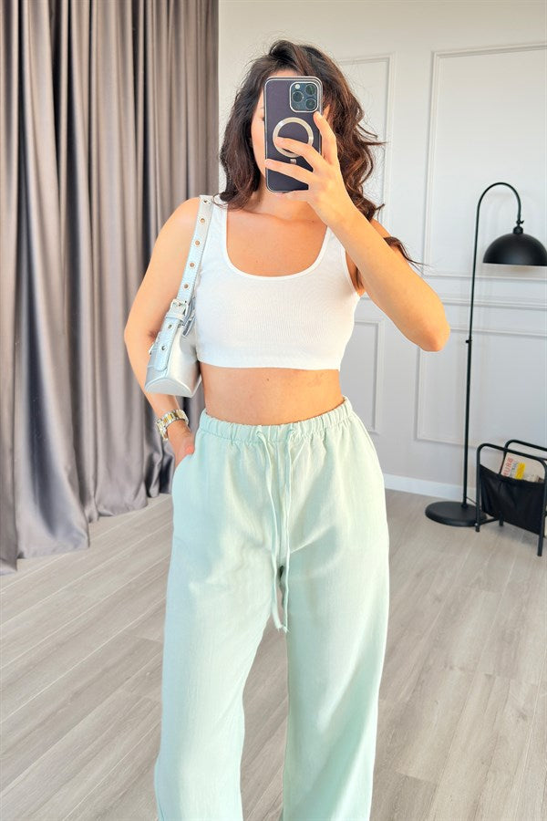 Pantaloni de Gros din In Menta cu Legătură la Talie