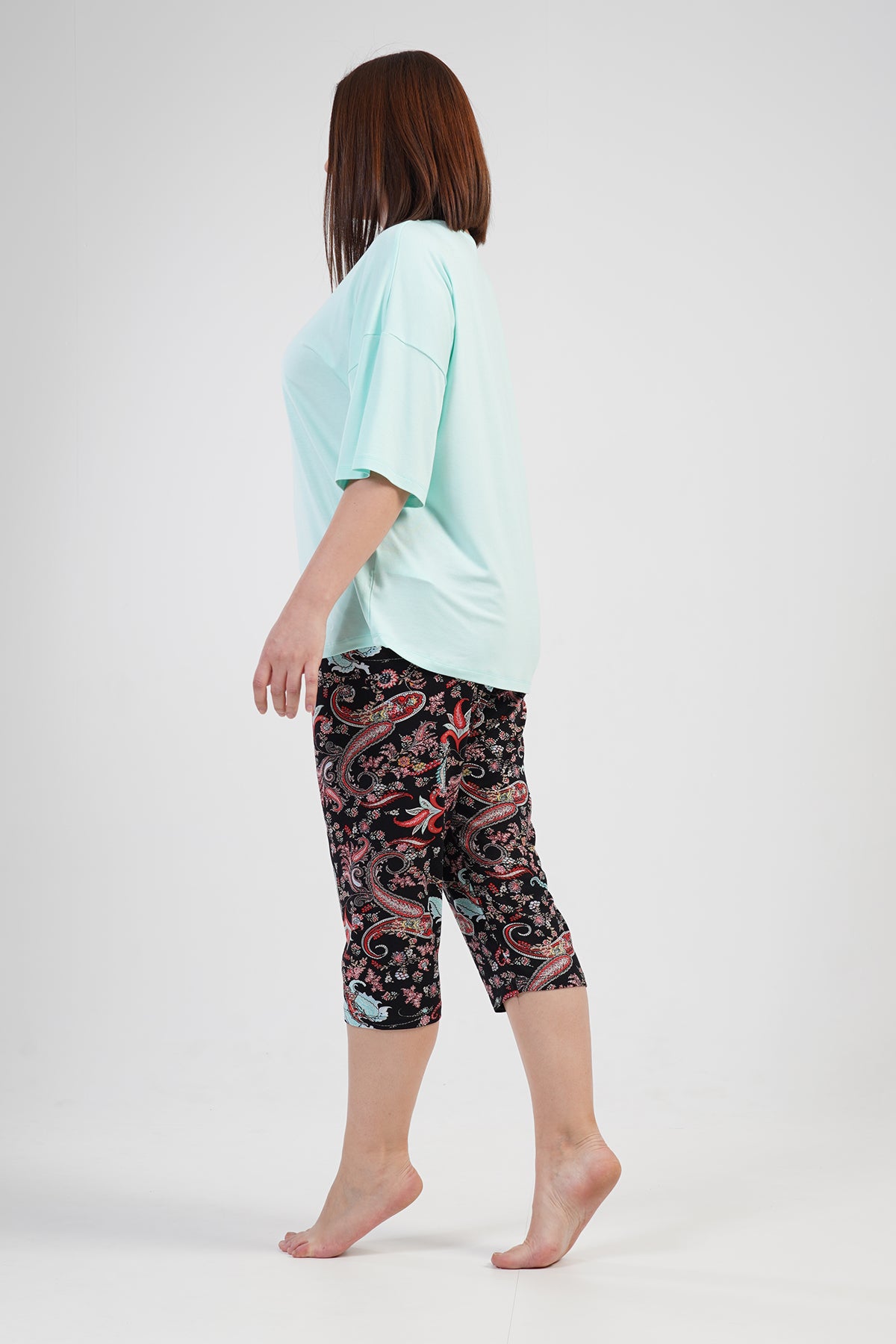 SET CAPRI DE DAMĂ LYC WORTEKS XXL, CU DECOLTEU ÎN V, UMERI CĂZUȚI, MÂNECĂ SCURTĂ - MINT