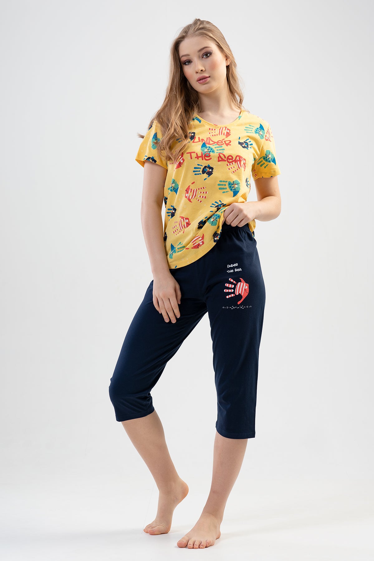 FEMEIE P.SUPREM Guler rotund Mânecă scurtă Fustă croi oval Pantaloni scurți tip capri - GALBEN