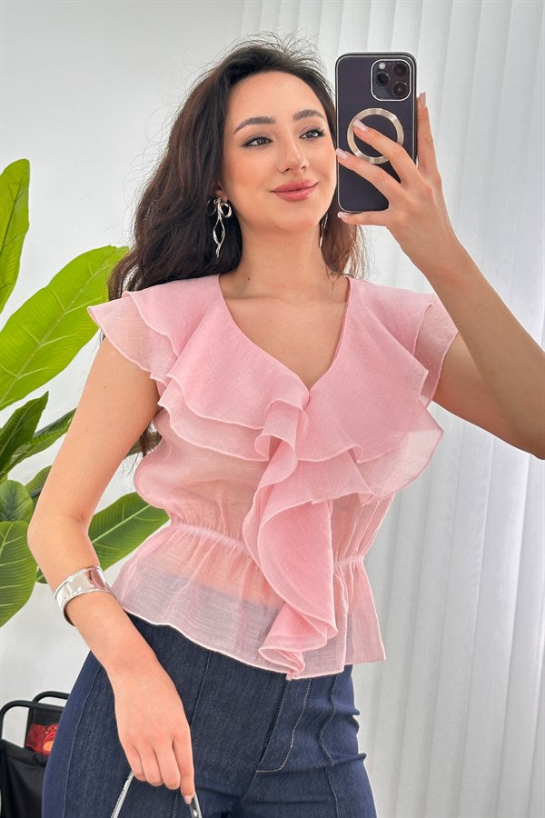 Bluza de Toptan Roz cu Talie Elastic și Franje