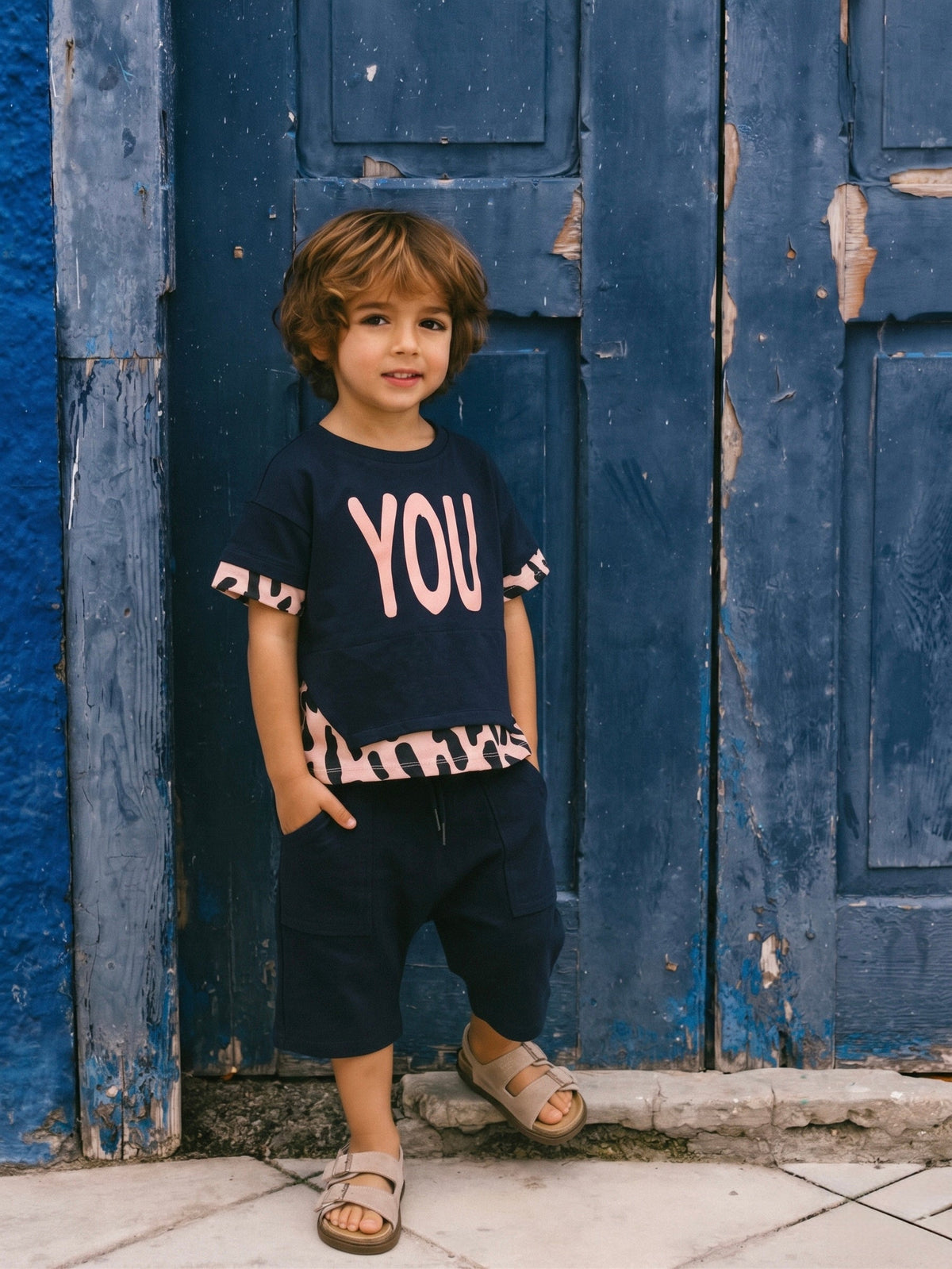 Unisex Çocuk Leopar Baskılı %100 Pamuk Tişört Şort Takım | 3–9 Yaş | RG Brand | RG1333 - MAVİ