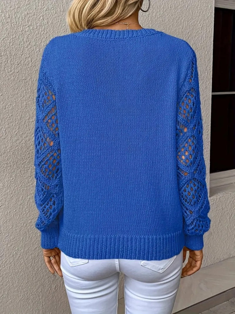 Pulover tricot cu mâneci lungi, guler V, cu detalii tăiate și model baklava, 37466