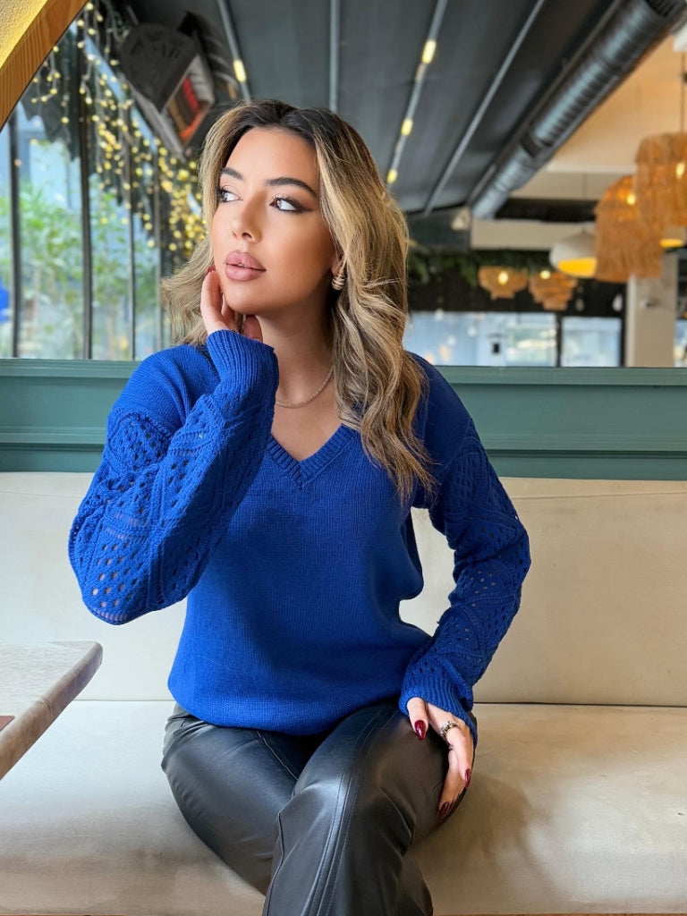 Pulover tricot cu mâneci lungi, guler V, cu detalii tăiate și model baklava, 37466