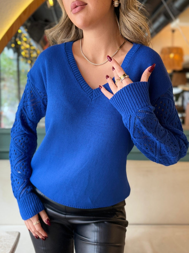 Pulover tricot cu mâneci lungi, guler V, cu detalii tăiate și model baklava, 37466