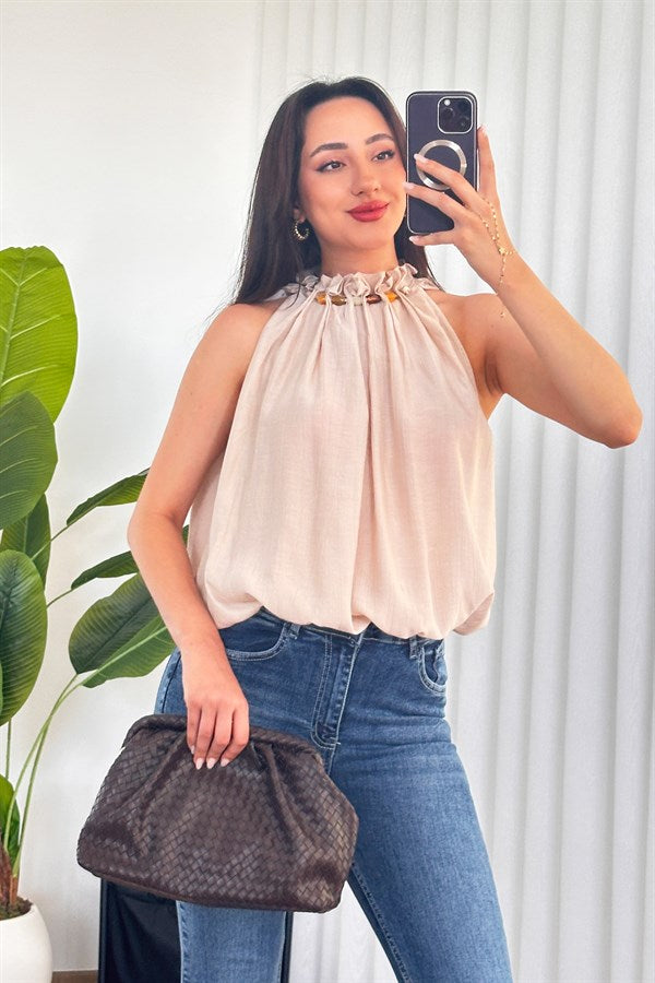 Bluza de Toptan Model Balon cu Perle la Guler Bej