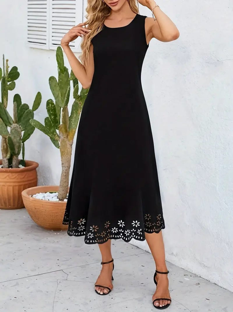 Rochie Midi Femei fără Mâneci din Crep Janjan cu Tiv Croit cu Laser și Model Floral, 34052