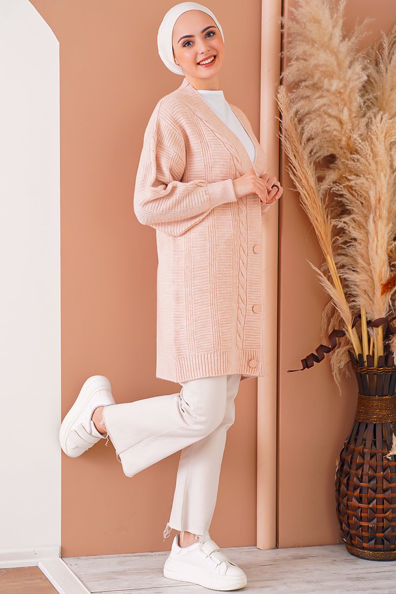 Cardigan tricotat modest 15768 - roz pudrat