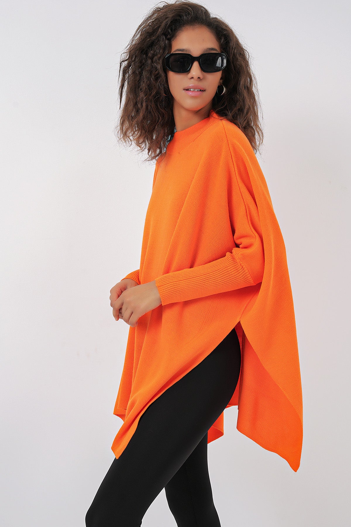 15783 Slit Poncho Sweater - Orange