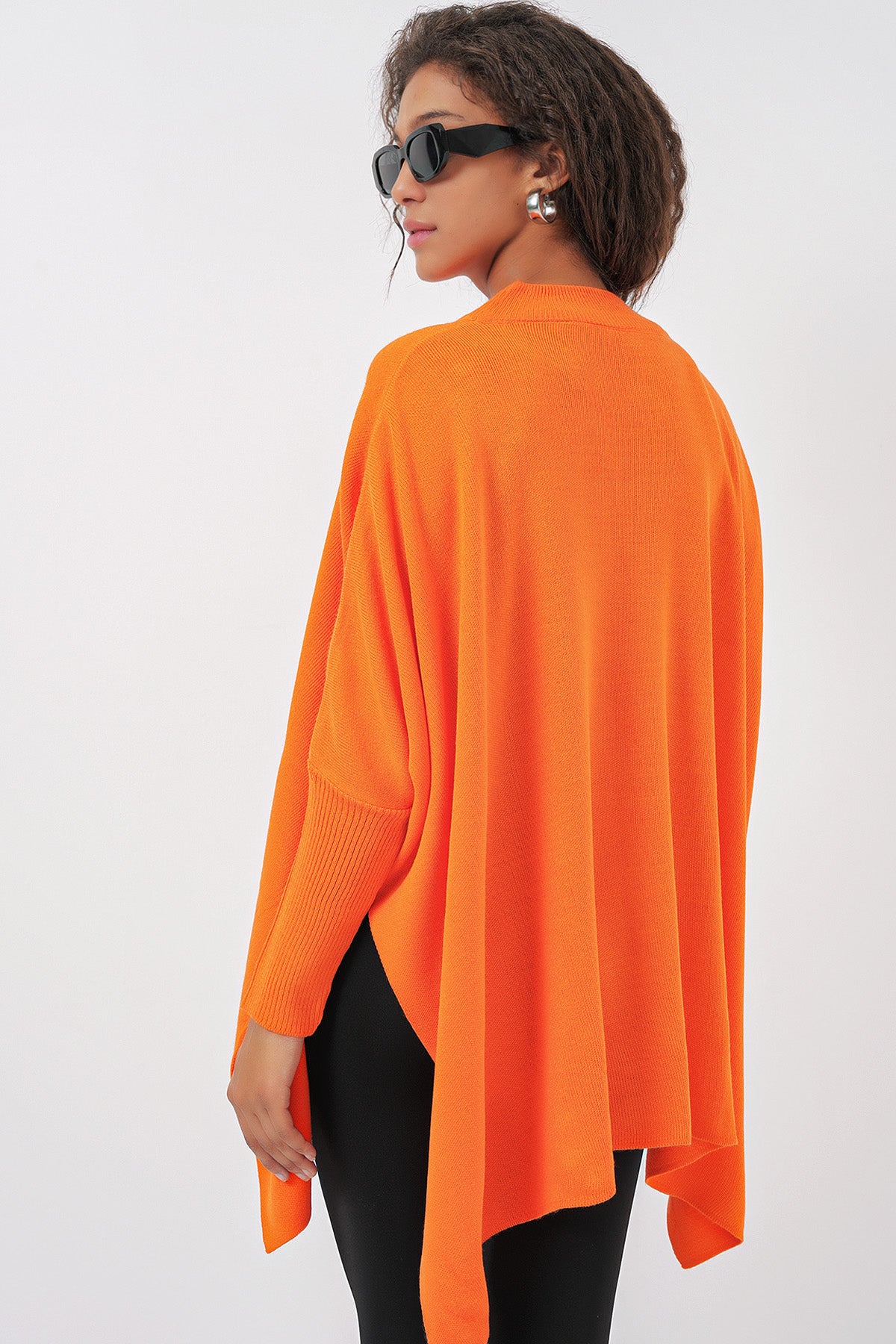 15783 Slit Poncho Sweater - Orange