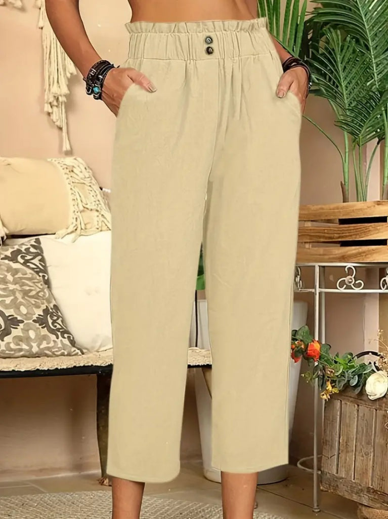 Pantaloni Capri din in pentru femei, cu talie încrețită și nasturi, 24633