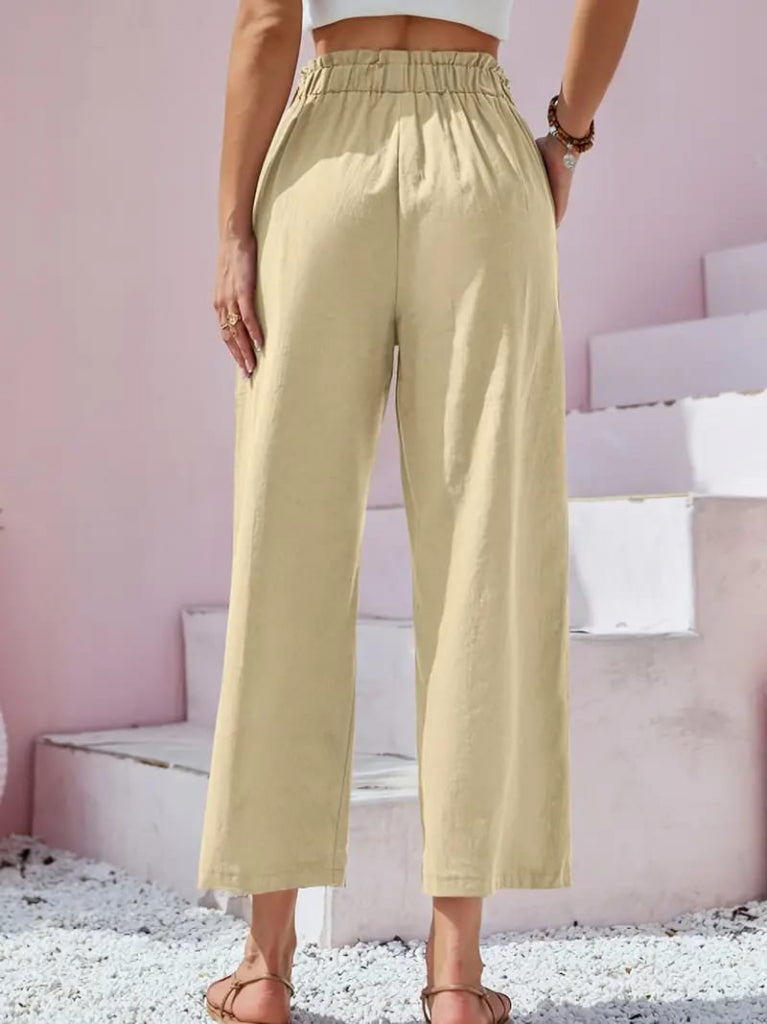 Pantaloni Capri din in pentru femei, cu talie încrețită și nasturi, 24633