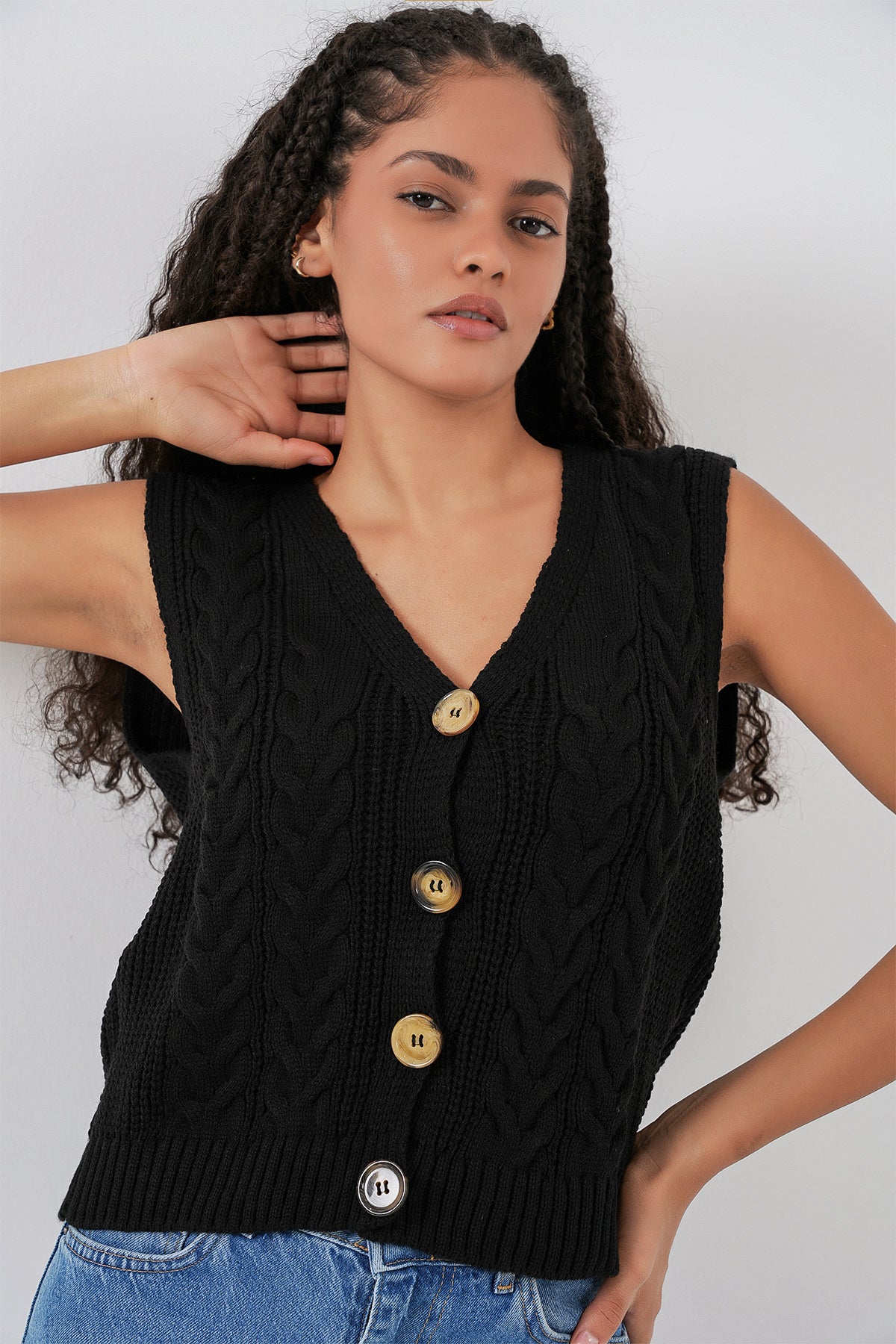15882 Veston Tricot cu Nasturi Mânecă Scurtă - Negru