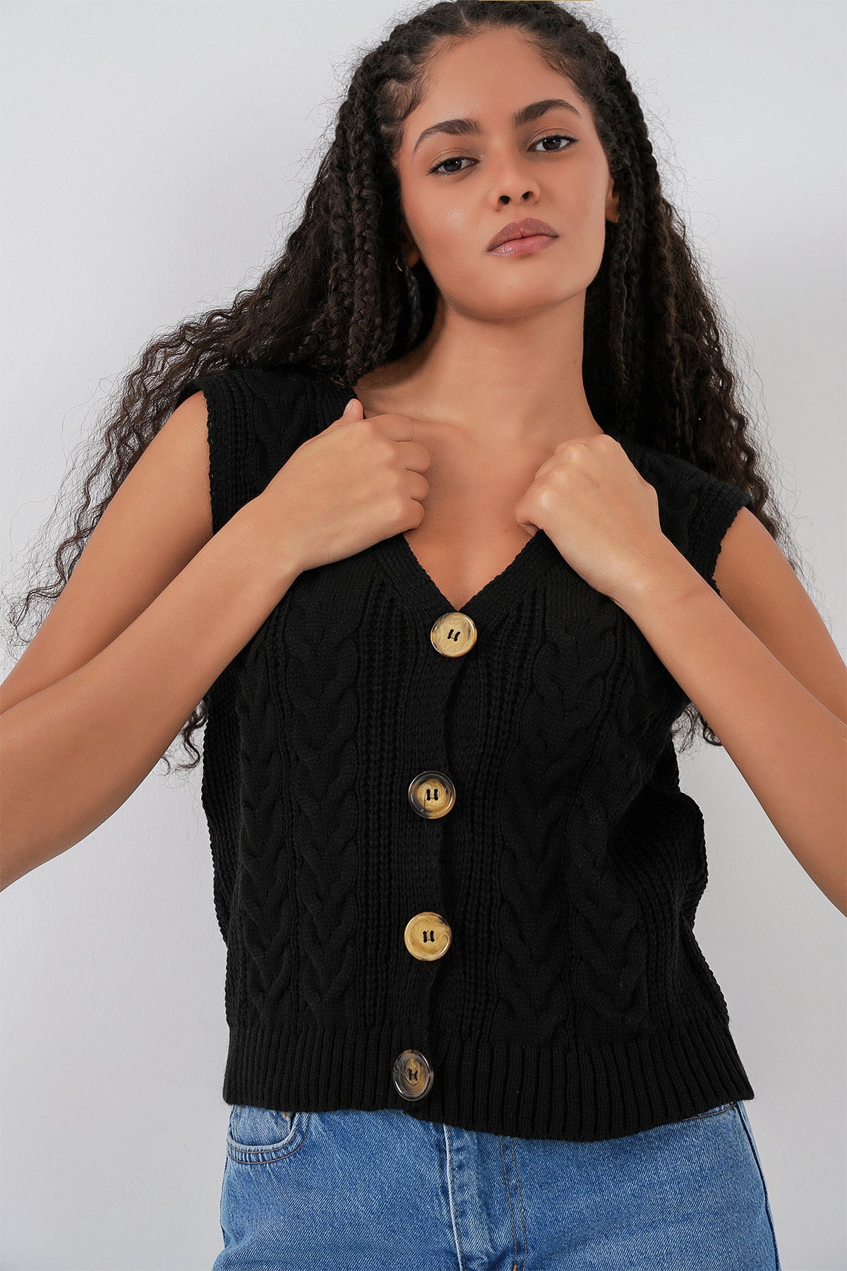 15882 Veston Tricot cu Nasturi Mânecă Scurtă - Negru