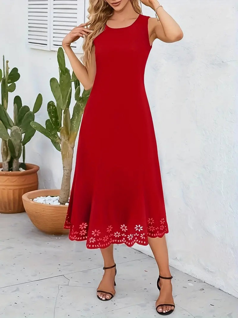 Women's Sleeveless Laser-Cut Floral Pattern Midi Imported Crepe Dress, 34053