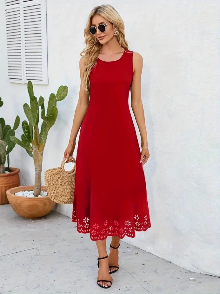Women's Sleeveless Laser-Cut Floral Pattern Midi Imported Crepe Dress, 34053