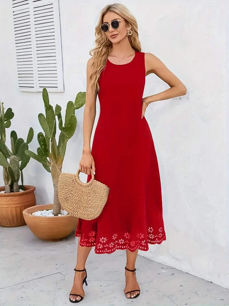 Women's Sleeveless Laser-Cut Floral Pattern Midi Imported Crepe Dress, 34053
