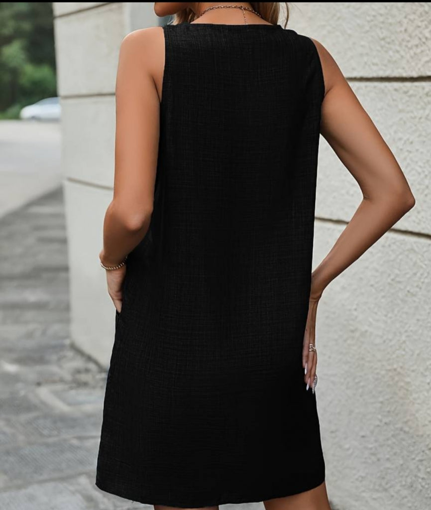 Rochie de damă din in, fără mâneci, cu bretele groase și nasturi, 33563