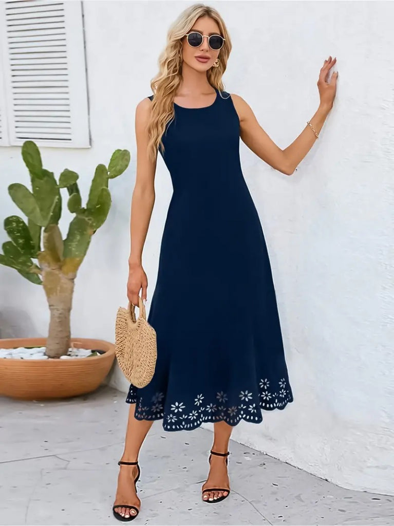 Women's Sleeveless Laser-Cut Floral Pattern Midi Imported Crepe Dress, 34051
