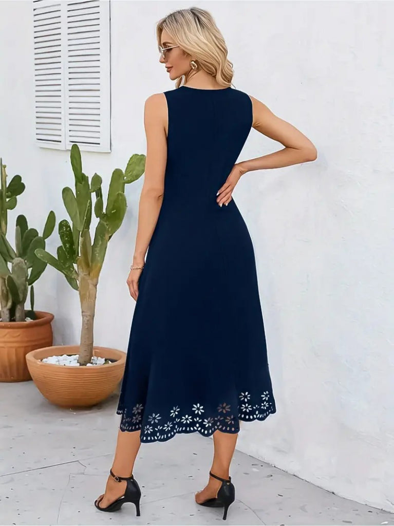 Women's Sleeveless Laser-Cut Floral Pattern Midi Imported Crepe Dress, 34051