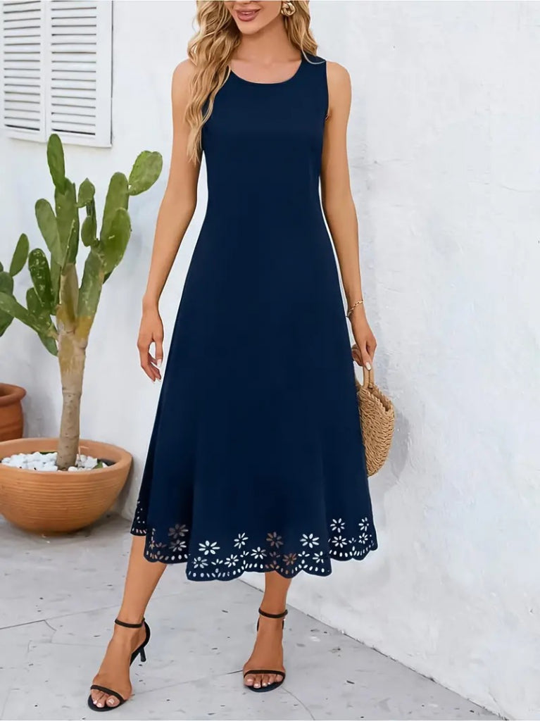 Women's Sleeveless Laser-Cut Floral Pattern Midi Imported Crepe Dress, 34051