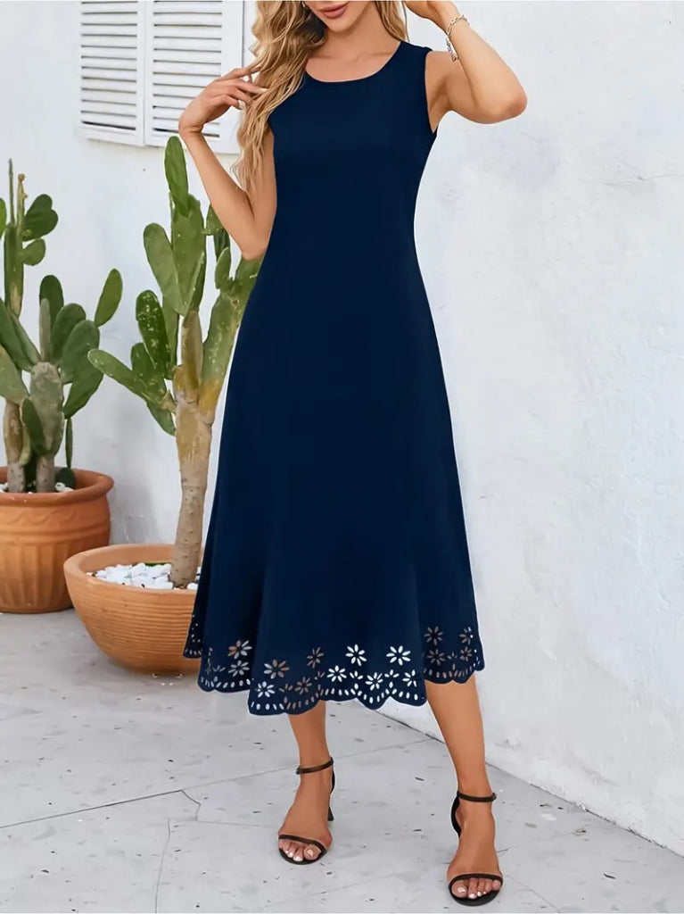 Women's Sleeveless Laser-Cut Floral Pattern Midi Imported Crepe Dress, 34051