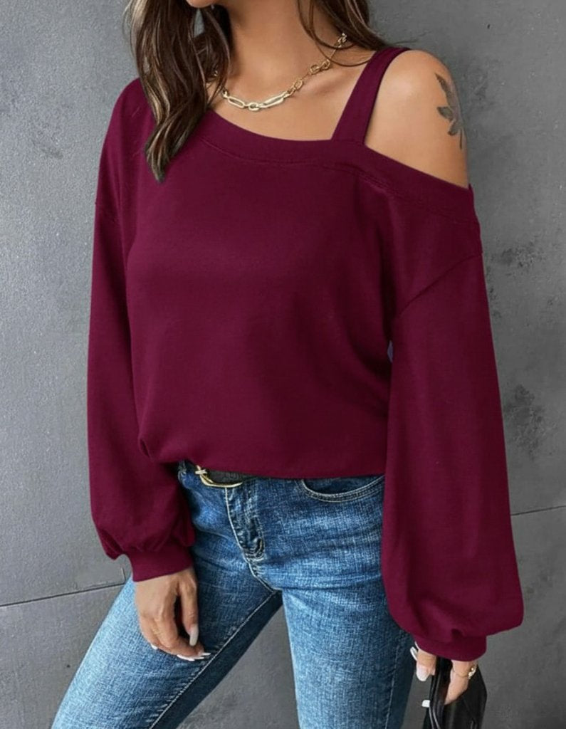 Kadın Uzun Kollu Tek Omuz Askı Detay Salaş Dalgıç Bluz, 30573