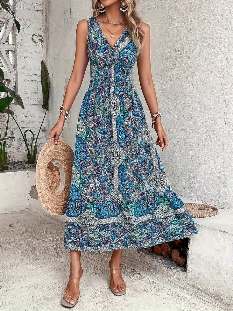 Rochie de damă din suprafin cu model etnic și talie elastică, fără mâneci, 31184